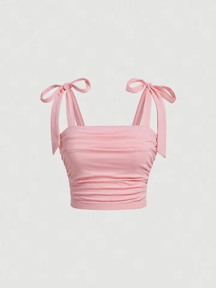 Solid Tie Shoulder Ruched Wide Strap Slim Fit Crop Top for Women Summer 2025 Y2K Clothes Pink Backless Cami Top Streetwear