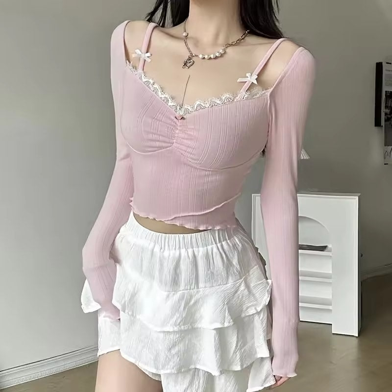 IAMHOTTY Sweet Lace Stitching V-neck Skinny Top Pink Coquette Aesthetic Slim-fit Long Sleeve Knitted T-shirts Cute Casual Tees