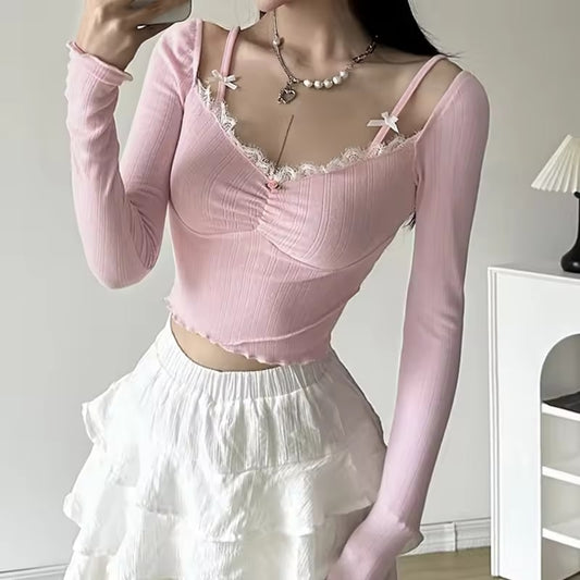 IAMHOTTY Sweet Lace Stitching V-neck Skinny Top Pink Coquette Aesthetic Slim-fit Long Sleeve Knitted T-shirts Cute Casual Tees