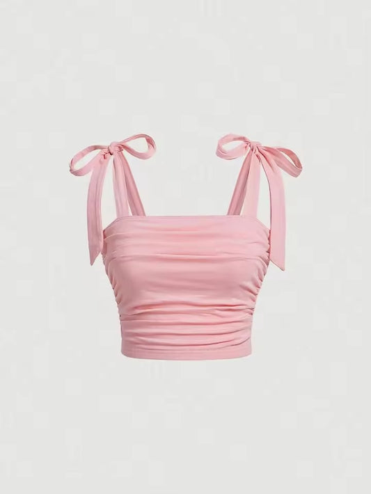 Solid Tie Shoulder Ruched Wide Strap Slim Fit Crop Top for Women Summer 2025 Y2K Clothes Pink Backless Cami Top Streetwear